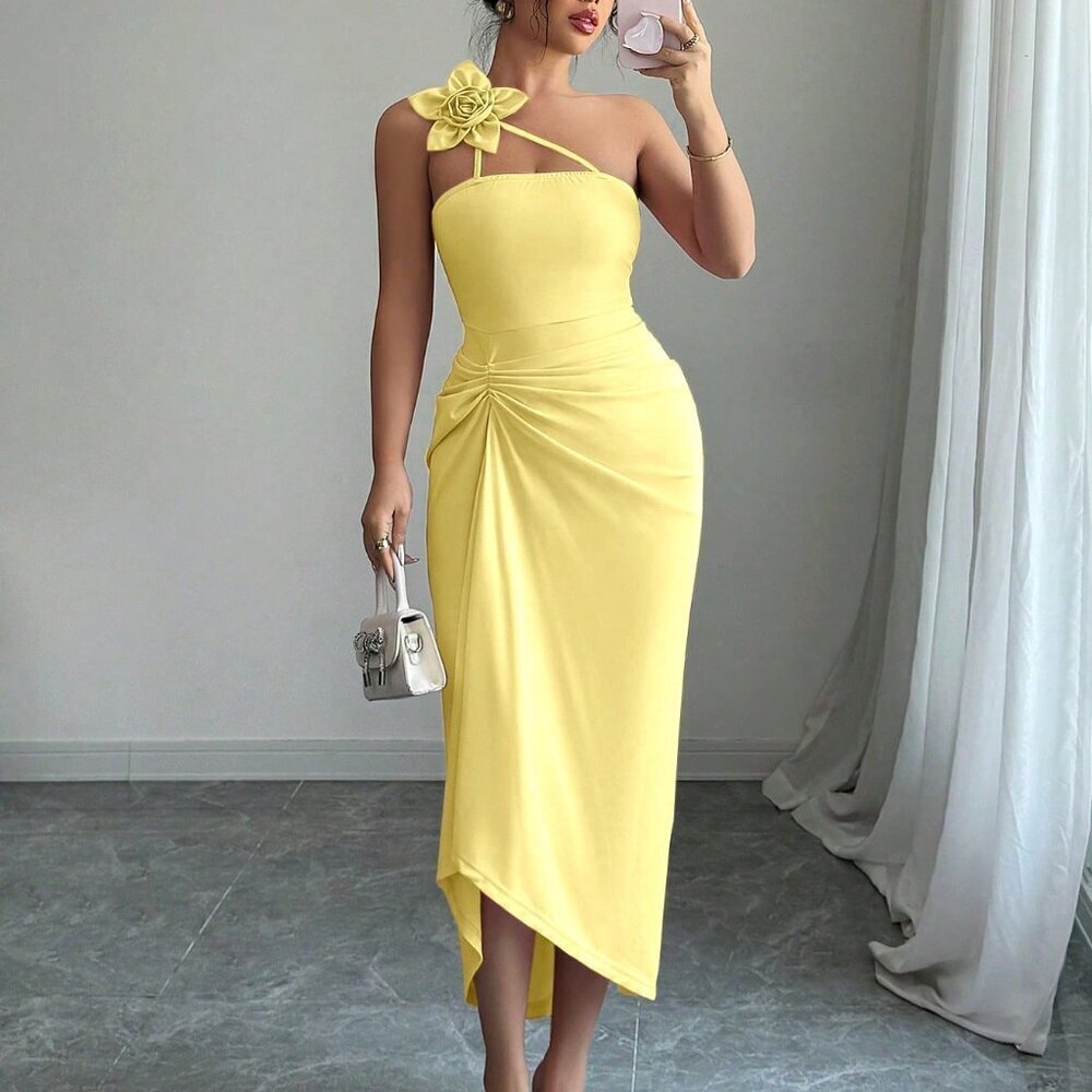 Yellow Elegant Women's 3d Floral Pleated Dress - Picture 1 of 6